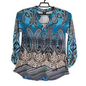 Womens Winwin Tunic Top Blue Brown Paisley Print V Neck Roll Tab Sleeve S/M